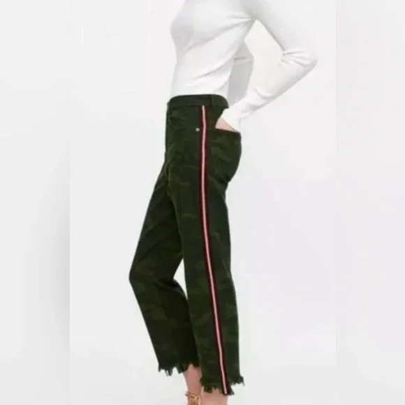 Zara Jeans Zara Camo Cropped Raw Hem Jeans With Rhinestone Red
